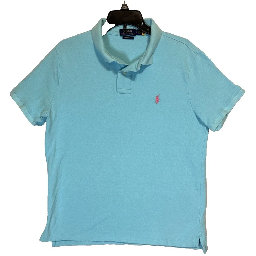 Ralph Lauren Polo Shirt Mens Large Blue Slim Fit Pink Pony Short Sleeve